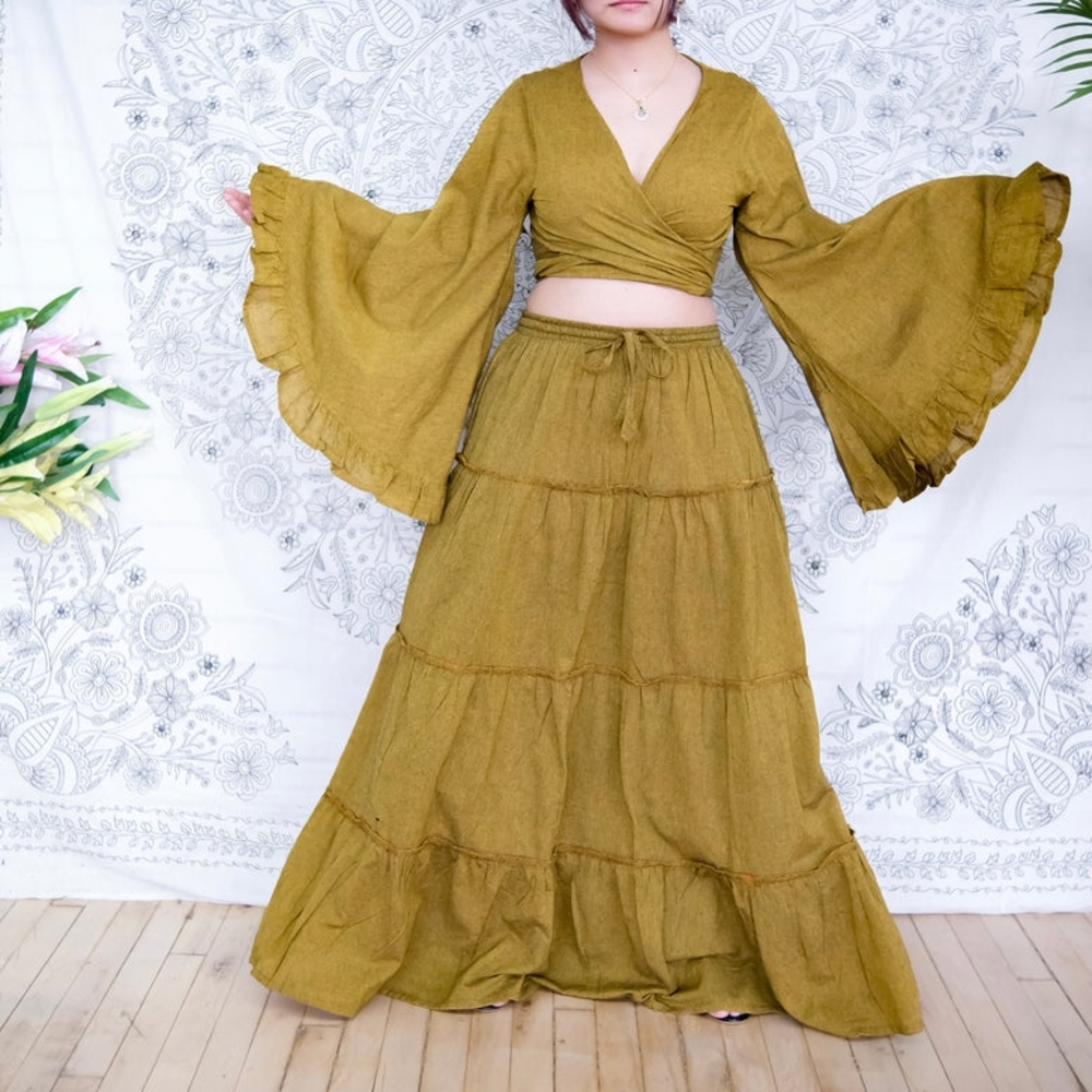 Olive Green Maxi Skirt with Ruffle Details